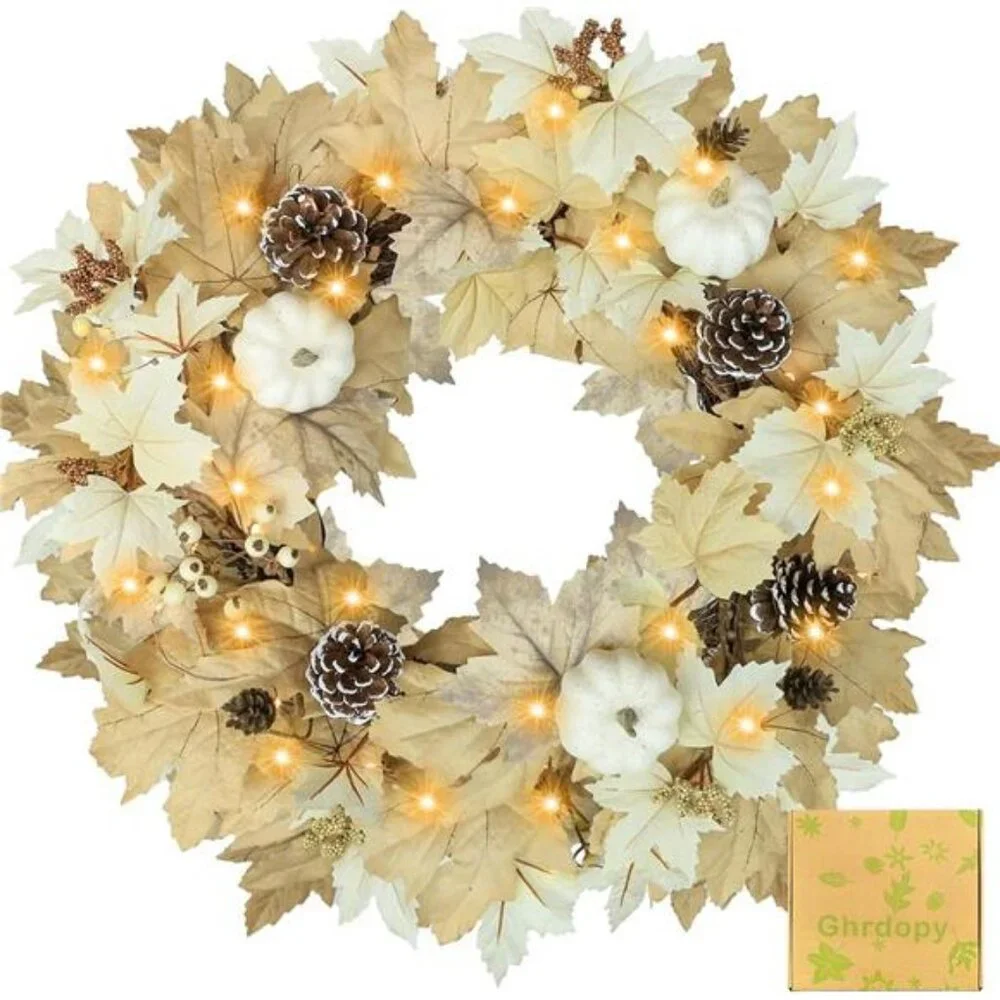 Fall Wreath with Lights 22 Inch - Fall Wreaths for Front Door Thanksgiving
